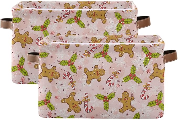 Christmas Gingerbread Man Pink Storage Basket Fabric Kitchen Baskets Candy Cane Poinsettia Winter Open Home Storage Bins Boxes Foldable Organizer Bag for Xmas Decorations Baskets 16×12×8 Inches