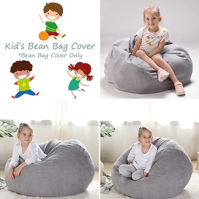 YuppieLife Stuffed Animals Bean Bag Chair Cover Candy-Colored Bean Bag（Just Cover, No Filling）/Large Stuff 'n Sit Organization/Toy Storage Bag/Kids Toys Organizer（27'',Grey）