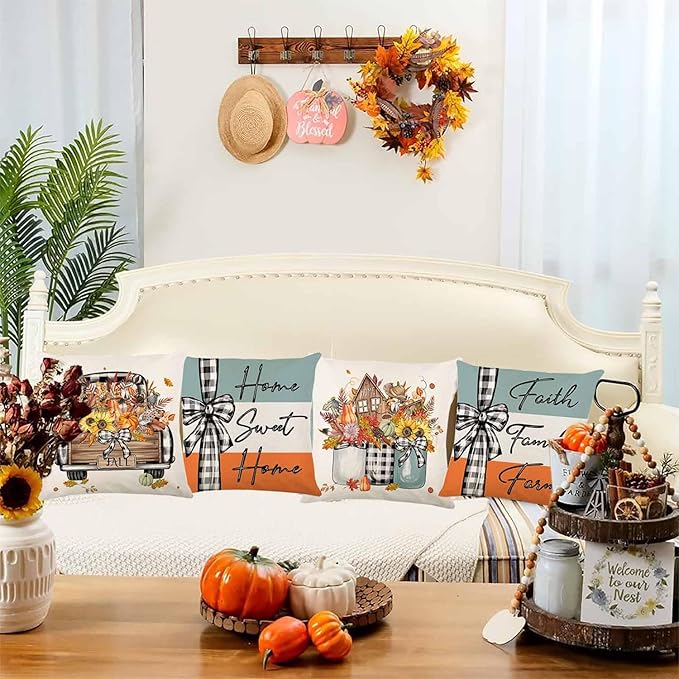 Fall Decorations for Home, Fall Pillow Covers 18x18 Set of 4, Thanksgiving Decorations Autumn Cushion Case for Couch(Fall05)