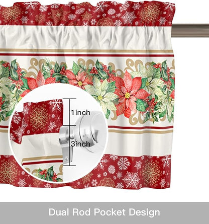 Watercolor Poinsettia Christmas Kitchen Curtains and Valances Set, Red Xmas Winter Holiday Windows Treatments Tiers Half/Short Curtains for Small Windows Cafe /Living Room/ Bedroom 54x24 in Gold White