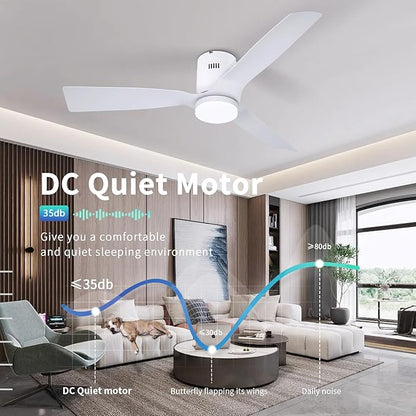 52 inch Flush Mount Ceiling Fan White,with Remote,22W Dimmable LED Light,DC Motor,6 Speed,Reversible,Low Profile Ceiling Fan Outdoor Indoor with Memory Function for Bedroom/Patios/Kitchen