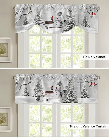 Winter Christmas Blackout Tie Up Valance Curtains for Kitchen Windows Cute Snowman Cardinals Window Toppers Balloon Shades for Living Room/Bathroom/Bedroom,1 Panel, 42" X 12", GreySnowy Pine Forest