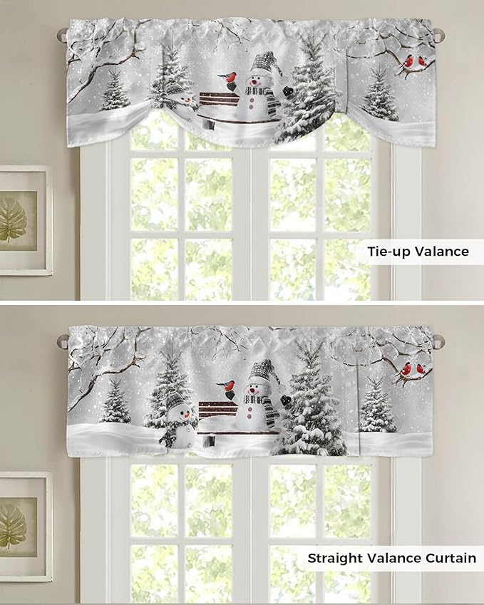 Winter Christmas Blackout Tie Up Valance Curtains for Kitchen Windows Cute Snowman Cardinals Window Toppers Balloon Shades for Living Room/Bathroom/Bedroom,1 Panel, 54" X 18", GreySnowy Pine Forest