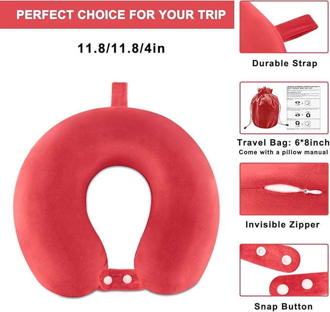 Travel Neck Pillow Airplane, Soft Memory Foam Support Head Neck Chin, with Removale Cover and Adjustable Snap Button, Comfortable Sleeping in Plane Car Train Traveling Office Home, Red