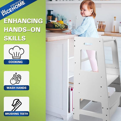 Toddler Kitchen Stool, Toddler Tower with Safety Rail, Toddler Stool for Kitchen Counter, Adjustable Height Little Helper Tower, Kitchen Stool for Toddlers 18 Months and Older, White