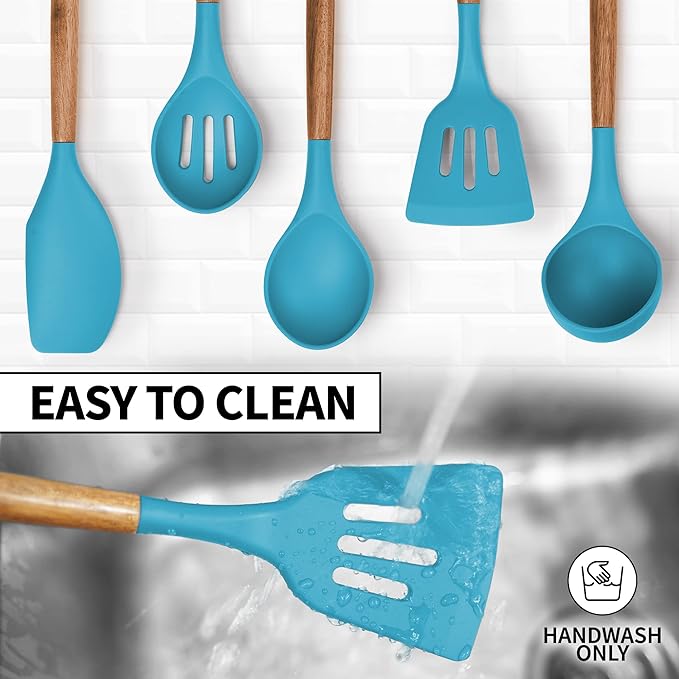 Zulay Kitchen Utensils Set Non-Stick Silicone Cooking Utensils Set with Authentic Acacia Wood Handles - 5 Piece Silicone Utensil Set - Silicone Kitchen Utensils Set with 464°F Heat Resistance - Blue