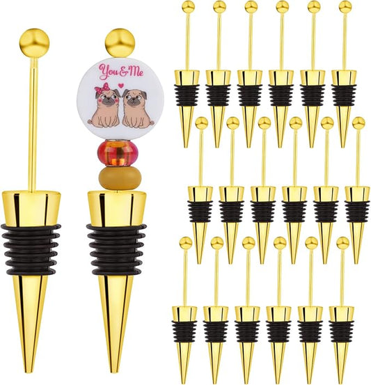 18 Sets Gold Beadable Wine Stoppers Silicone Wine Stoppers Reusable Alloy Wine Stoppers for DIY Drink Gifts Holiday Party Wedding Bar Accessories(Golden)