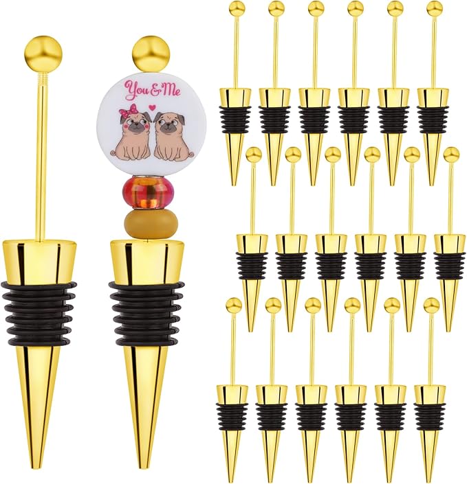 18 Sets Gold Beadable Wine Stoppers Silicone Wine Stoppers Reusable Alloy Wine Stoppers for DIY Drink Gifts Holiday Party Wedding Bar Accessories(Golden)