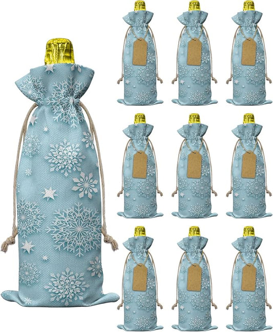 10 Pack Wine Bottle Bags, Christmas Snowflake Wine Bottle Cover with Drawstring, Winter Snowflake Green Backdrop Gift Bag for Champagne Wedding Birthday Party