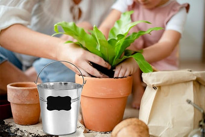 6 Metal Buckets With Chalkboard Stickers And Plastic Kitchen Scoops, Small Galvanized Buckets ,For Birthday, Wedding Party, Garden Planters , Party Supplies,Decorations ,5 Inch Tin Buckets - (tie 6)