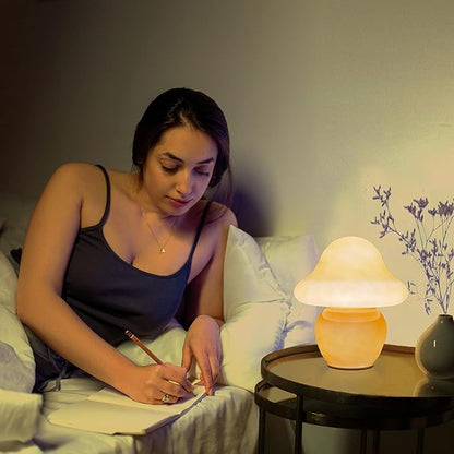 Mushroom Lamp, Small Orange Glass Table Lamp, Cute Little Translucent Nightstand Lamp for Bedroom, Bedside, Living Room, Warm Yellow Aesthetic Dome Lamp for Home Decor Gift