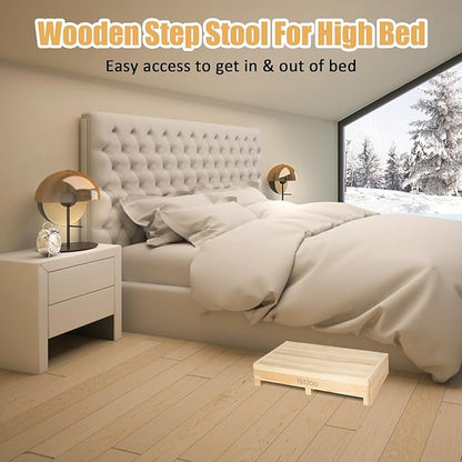 Wooden one Step Stool- Solid Pine Wood Step Riser with Non-Slip Pads, Wood Step Stool for Elderly Adults, high Bed, Bathroom, Kitchen (23.6" L*15.7" W*3.9" H, Natural, 400LBs Capacity)