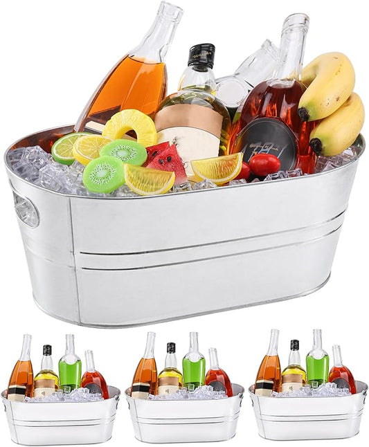 ZOMUIA 4 Pcs 4 Gallon Galvanized Metal Ice Buckets Oval Beverage Tubs for Parties, Large Metal Drink Buckets Beer Beverage Tub with Handles for Beer Sparkling Whisky Wine Cocktails