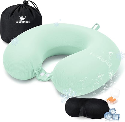 Travel Pillow, Cooling Neck Pillow Airplane Memory Foam with Sleep Mask Earplugs, Soft & Support Airplane Pillow for Travelling Plane Car Train Home Use, Light Green