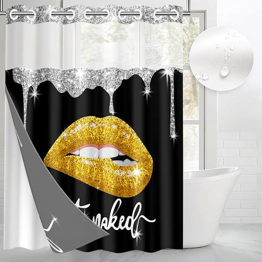 Yellow Gold Lips No Hook Shower Curtain with Snap in Liner, Diamond Glitter Get Naked Black Bath Curtain with Double Layers Waterproof Fabric and Mesh Top Window 71x74 Inch