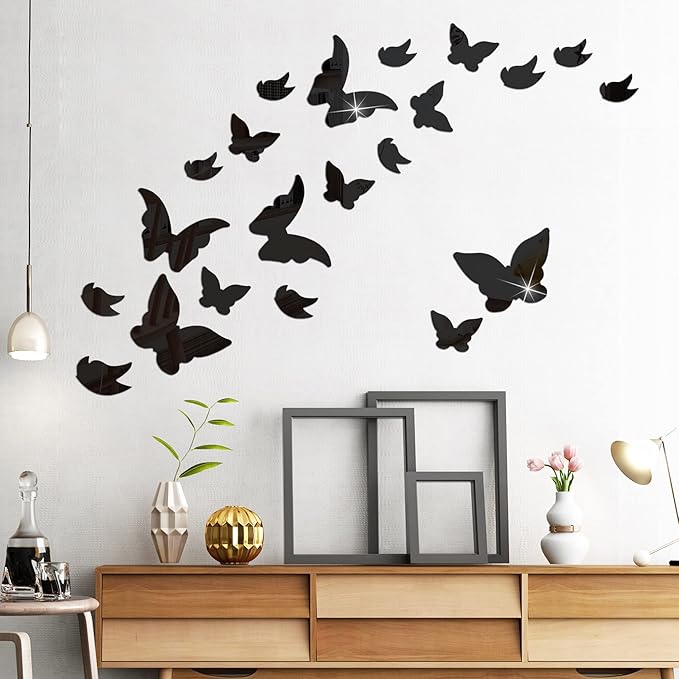 Amaonm New Desgin Creative 21 PCS Removable Crystal Acrylic Mirror Butterfly Wall Decals Fashion DIY Home Decorations art Decor Wall Stickers Murals for Girls Kids Nursery Room Bedroom Living room Door Bathroom (Black)