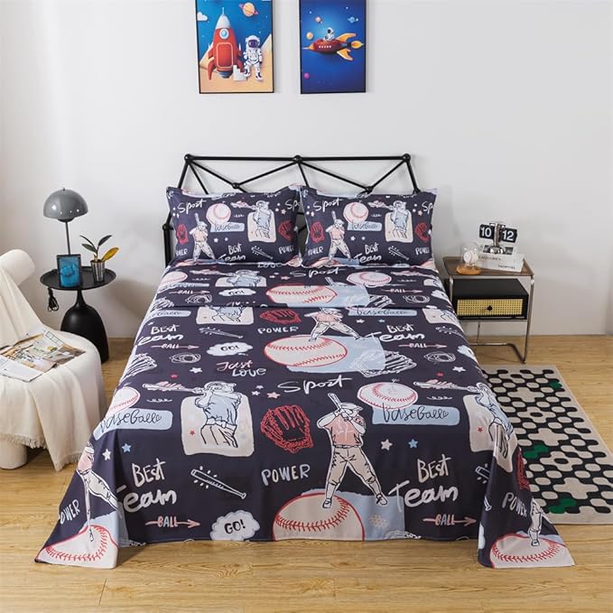 qjmiaofang Baseball Sheets Full Size Kids Sports Sheets 4Pieces Baseball Bed Sheets for Boys Teens Baseball Player Bed Set with 1 Fitted Sheet 1 Flat Sheet and 2 Pillowcases for Home Decor