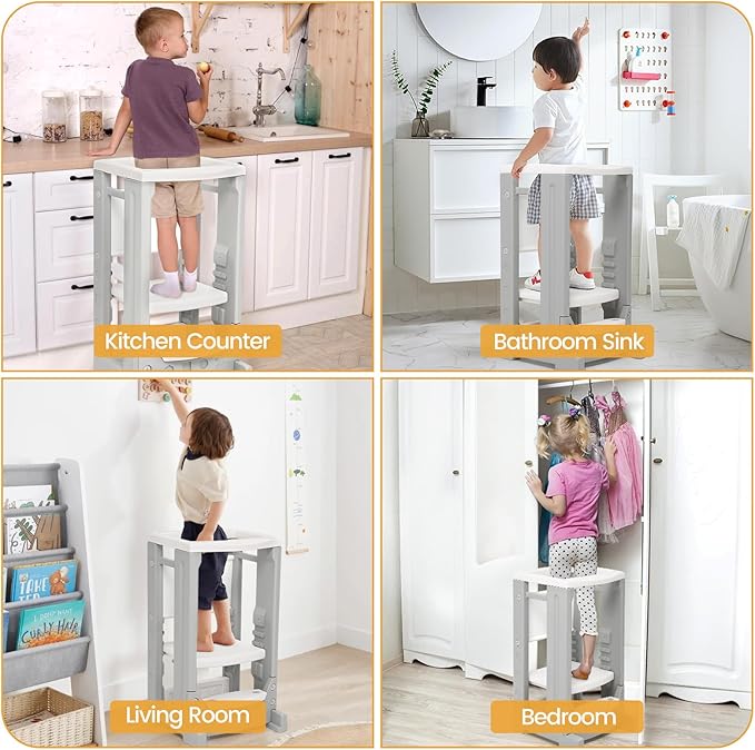 Toddler Tower Height Adjustable Step Stool for Kids Montessori Learning Stool Toddler Kitchen Stool Helper with Dry Erase Board Non-Slip Safety Rail