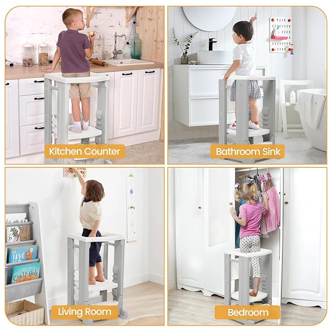 Toddler Tower with Dry Erase Board Height Adjustable Step Stool for Kids Montessori Learning Stool Toddler Kitchen Stool Helper with Non-Slip Safety Rail