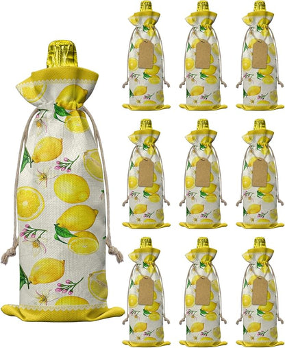 10 Pack Wine Bottle Bags, Summer Lemon Wine Bottle Cover with Drawstring, Yellow Tropical Lemon Spring Floral Gift Bag for Champagne Wedding Birthday Party