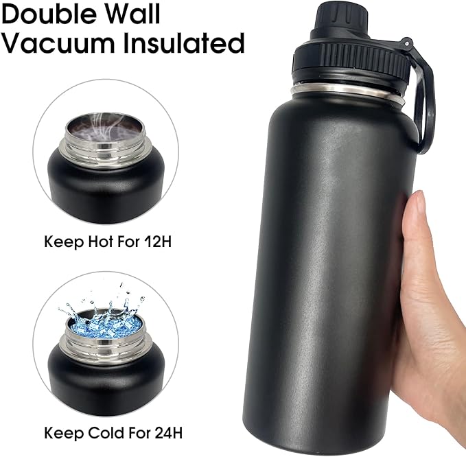 1pack 32 oz Insulated Water Bottle With Straw, Stainless Steel Sports Water Cup Flask with 2 Lids, Wide Mouth Travel Thermal Mug,Black