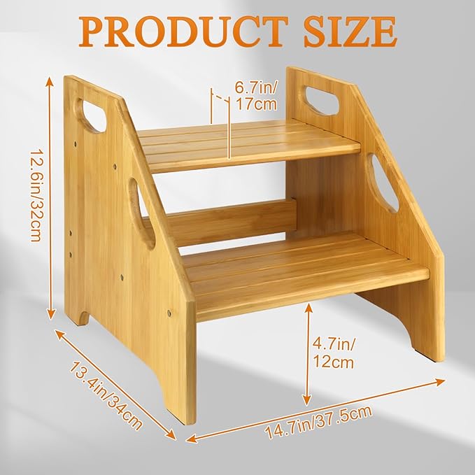 Wooden Step Stool, Heavy Duty 2 Step Stool for K!ds 350 lbs Capacity with Safety Non-Slip Stepping Surface and Handles, Bamboo Step Stool for Bathroom Kitchen Bedroom Bedside Dual Height Step Stools