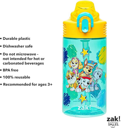 Zak Designs Sage PAW Patrol Water Bottle For School or Travel, 16oz Durable Plastic Water Bottle With Straw, Handle, and Leak-Proof, Pop-Up Spout Cover (Chase, Marshall, Skye, Rubble, Everest)