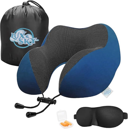 Lux & Sky Cooling Memory Foam Travel Neck Pillow Set for Airplane Car, Home, Office | Travel Essential Neck Pillow with Sleeping Mask & Earplugs | 3 in 1 U Shape Memory Foam Travel Pillow (Deep Blue)