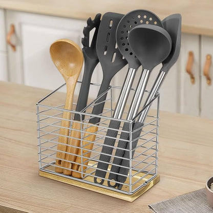 Utensil Holder for Kitchen Counter, Metal Utensil Holder Rack for Kitchen Countertop, Cooking Tools Storage for Spatula, Utensil Organizer with Sturdy Base, and Drainage Hole (Chrome Wooden)