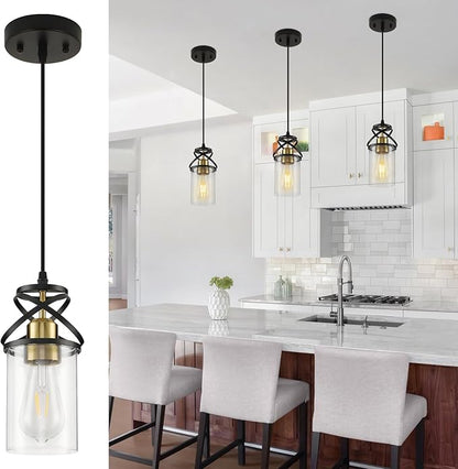 Modern Pendant Light Fixture Farmhouse Hanging Light with Clear Glass Shade, Industrial Black and Gold Pendant Lighting for Kitchen Island Dining Room Bedroom