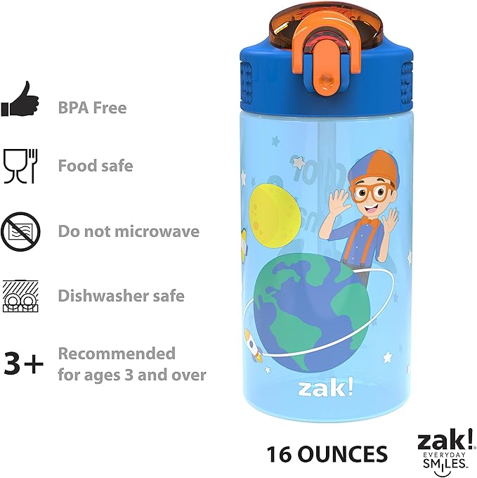 Zak Designs Blippi Kids Water Bottle with Spout Cover and Built-In Carrying Loop, Made of Durable Plastic, Leak-Proof Design for Travel (16 oz, Pack of 2)