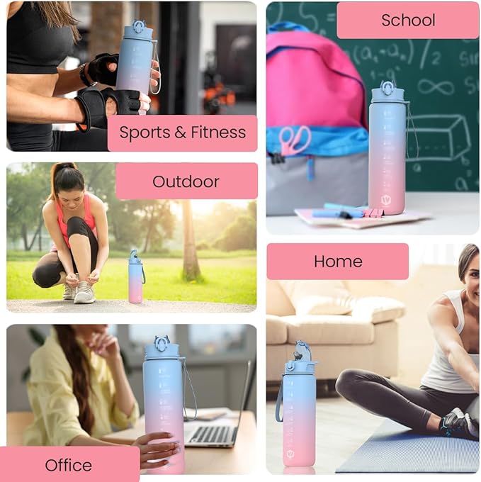 1L Water Bottle with Straw - Leak-Proof & BPA Free Reusable Sports Bottle - Motivational Time Markings for Hydration Durable Drink Bottle for Gym, Sports, Outdoor (Blue and Pink)