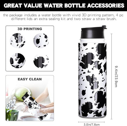 1pc Cow Print Sport Water Bottle with Straw 4 Lids,Birthday Gifts for Women Insulated Cups Funny Gifts for Girlfriend Cow Print Stuff Gifts for Daughter Cow Lovers Black