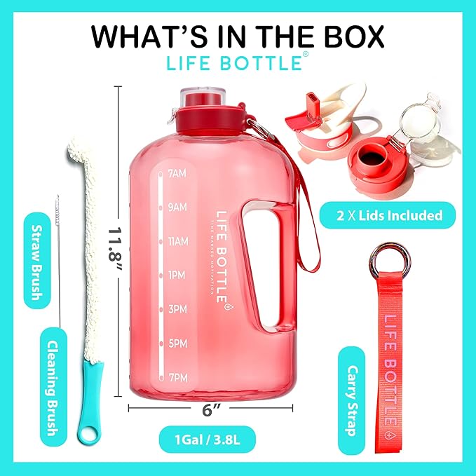 1 Gallon Water Bottle with Straw Lid and Chug Lid, Leakproof Water Jug. Big Water Bottle with Time Marker, No Quotes. 128 oz Water Bottle with Handle and Straw, BPA Free Water Bottles