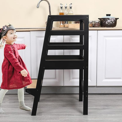 Toddler Kitchen Step Stool White Helper Standing Tower with Anti-Slip Protection for Kids Kitchen Counter Learning (Large, Black)