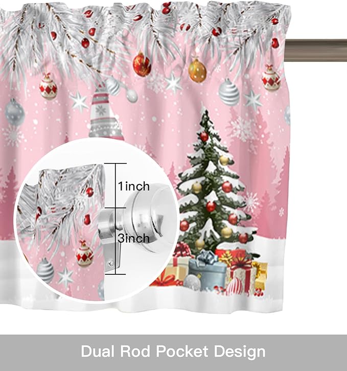 Vandarllin Christmas Gnome Kitchen Curtains and Valances Set, Winter Merry Christmas Tree Balls Windows Treatments Tiers Half/Short Curtains for Small Windows Cafe/Living Room/Bedroom 54x36 in Pink