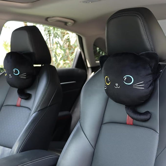 2 Pack Car Headrest Pillow, Cute Neck Pillow for Car Seat Comfortable Soft Head Neck Rest Cushion Seat Neck Support Cartoon Car Pillow for Driving, Travelling, Home Décor - Black Cat