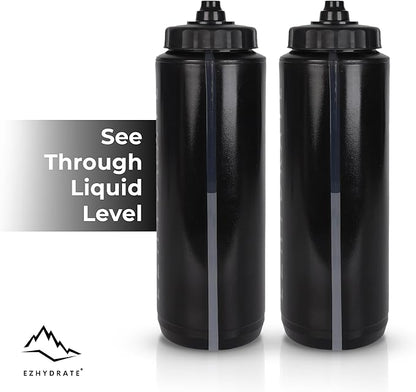 2 Pack Black 32oz Squeeze Water Bottles - Sports Water Bottles For Football, Hockey, Athletics - Reusable Squirt Bottle Set, BPA-Free, Perfect for Gym, Travel, Bike & Cycling Water Bottle