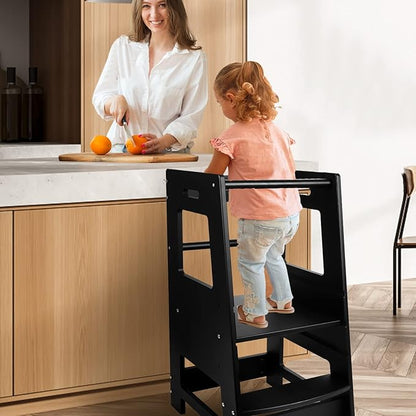 Toddler Kitchen Stool, Toddler Tower with Safety Rail, Toddler Stool for Kitchen Counter, Adjustable Height Little Helper Tower, Kitchen Stool for Toddlers 18 Months and Older, Black