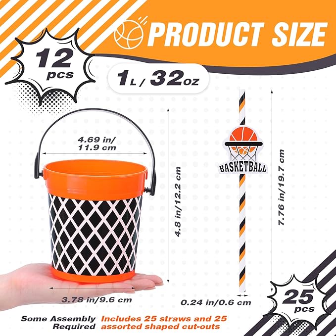 12 Pcs 32oz Basketball Party Favors Rum Buckets Plastic Basketball Cocktail Buckets for Drinks Plastic Ice Pail Bulk with Handle and Straw Reusable Punch Bowls for Drinkware Beer Beverage