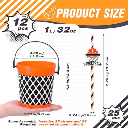 12 Pcs 32oz Basketball Party Favors Rum Buckets Plastic Basketball Cocktail Buckets for Drinks Plastic Ice Pail Bulk with Handle and Straw Reusable Punch Bowls for Drinkware Beer Beverage