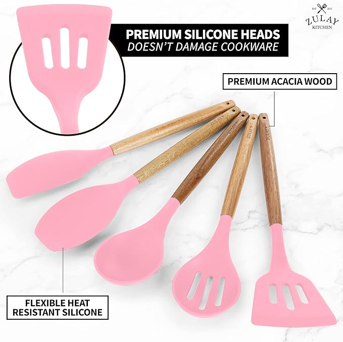 Zulay Kitchen Utensils Set - Non-Stick Silicone Cooking Utensils Set with Authentic Acacia Wood Handles - 5 Piece Silicone Utensil Set - Silicone Kitchen Utensils Set (Pink)