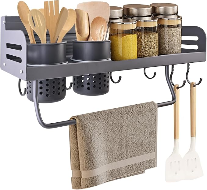 Spice Rack Organizer Wall Mount, Seasoning Rack with Hook,Space Aluminum Space Saver Racks for Kitchen, No Punching Required Wall Storage Organizer, Multifunctional Home Storage Rack