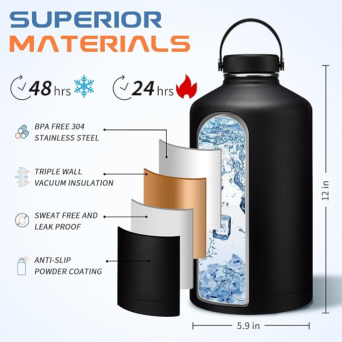 1 Gallon Insulated Water Jug with Straw - Double Wall Vacuum Insulated Black Water Bottles 128 oz, Gallon Water Bottle w/Paracord Handle, Protective Boot, Water Bottle with Strap for Gym Work Travel