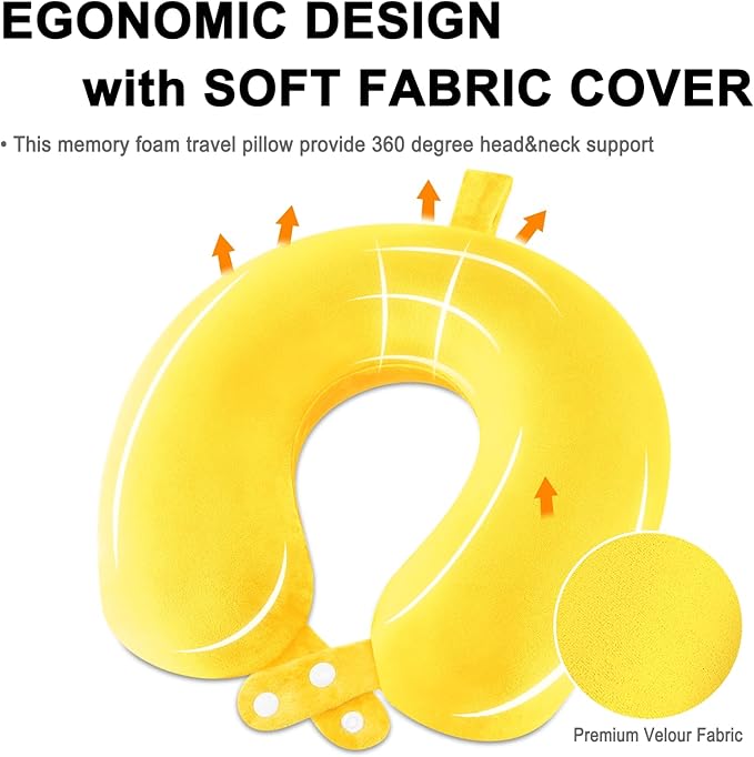 Travel Neck Pillow Airplane, Soft Memory Foam Support Head Neck Chin, with Removale Cover and Adjustable Snap Button, Comfortable Sleeping in Plane Car Train Traveling Office Home, Yellow