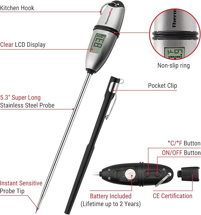 ThermoPro TP-02S Instant Read Meat Thermometer Digital Cooking Food Thermometer with Super Long Probe for Grill Candy Kitchen BBQ Smoker Oven Oil Milk Yogurt Temperature