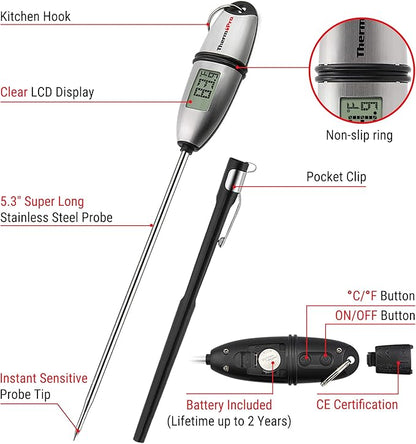 ThermoPro TP-02S Instant Read Meat Thermometer Digital Cooking Food Thermometer with Super Long Probe for Grill Candy Kitchen BBQ Smoker Oven Oil Milk Yogurt Temperature