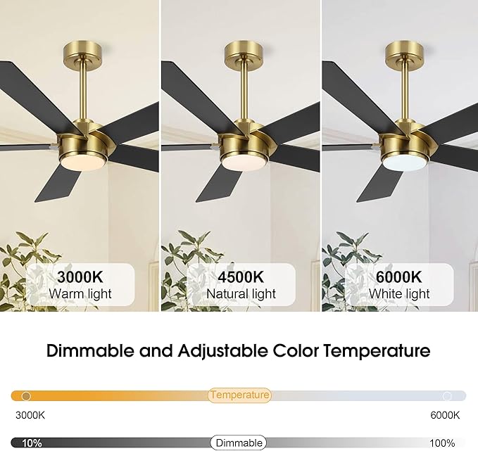 54" Ceiling Fan with Light and Remote Control, Modern Dimmable LED Light, 6-Speed Noiseless Reversible DC Motor, 5 Plywood Ceiling Fan for Kitchen Bedroom Living Room Black/Gold