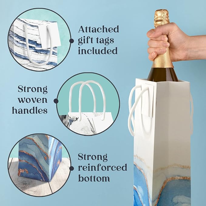 12 PC Bottle Bags for Gifts, Upscale Marble Design Wine & Bottle Bags, Heavy Duty Tall Wine Bag, Bottle Bags for Wine, Wine Gift Bag, Bottle Gift Bags for Wine, Wine Bags, Wine Gift Bags