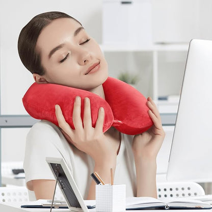 Travel Neck Pillow Airplane, Soft Memory Foam Support Head Neck Chin, with Removale Cover and Adjustable Snap Button, Comfortable Sleeping in Plane Car Train Traveling Office Home, Red